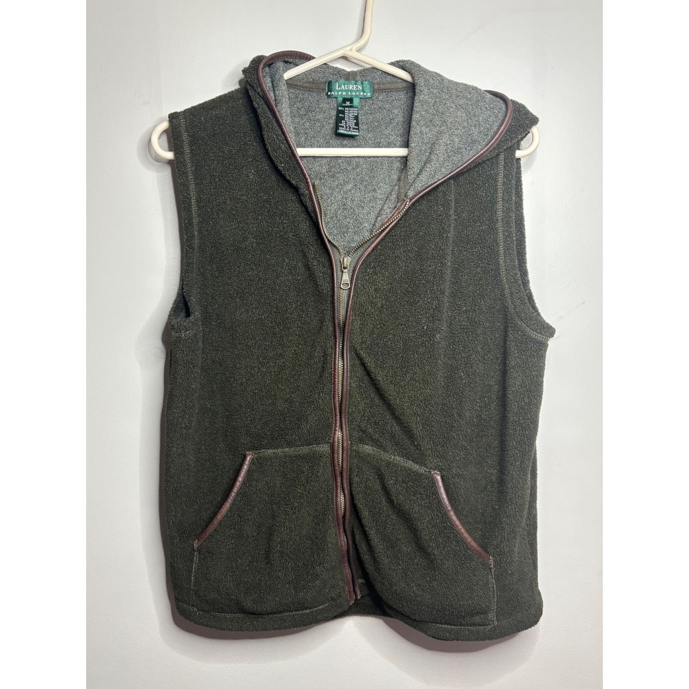 Lauren Ralph Lauren Fleece Hooded Vest Olive Green Full Zip Faux Leather Trim M